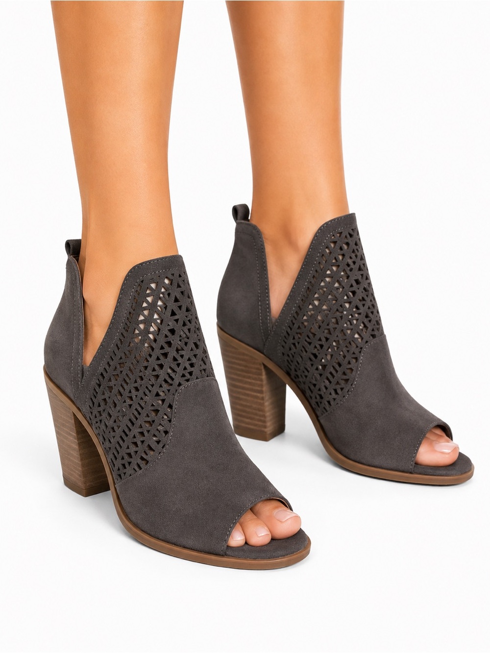 Steve Madden Gray Suede‎ Laser-Cut Peep-Toe Block Heel Booties